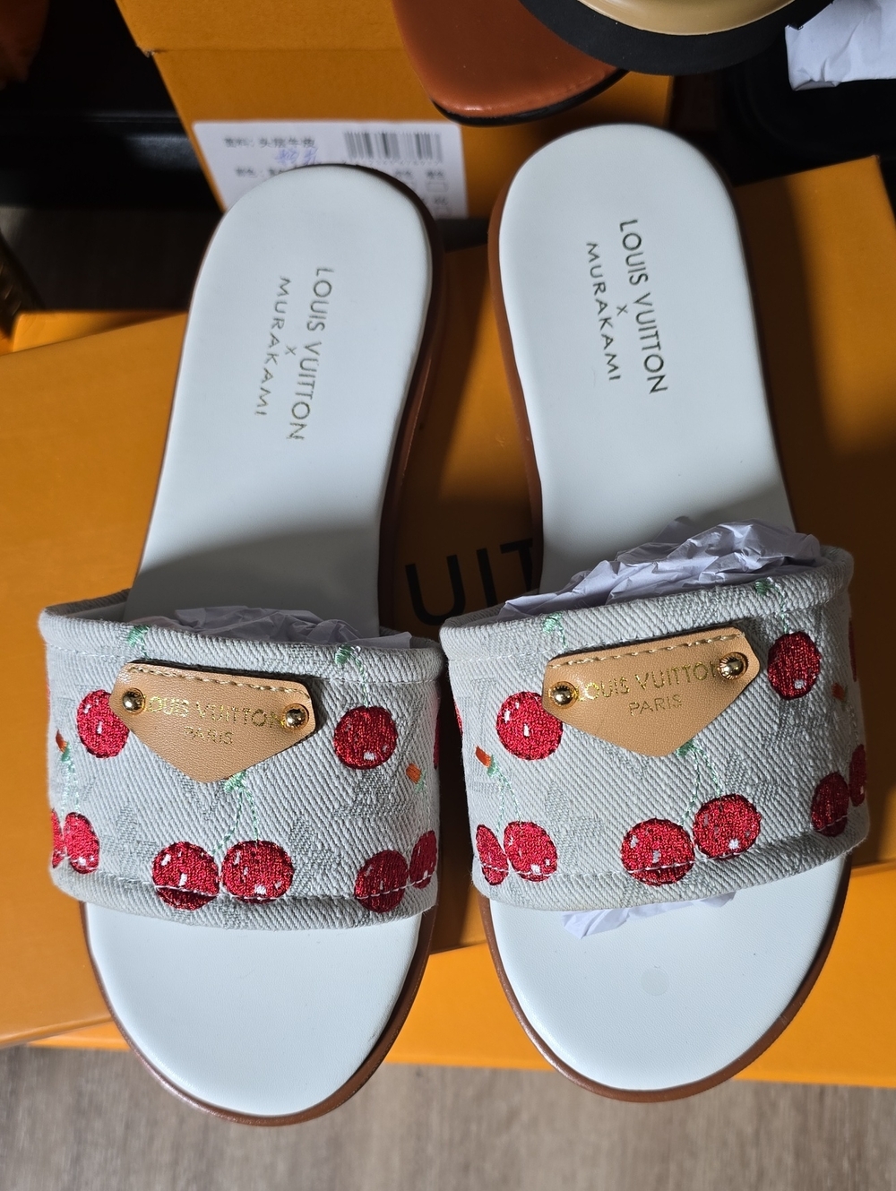 Louis Vuitton Cherry Embroidered Slide Sandals in White and Red